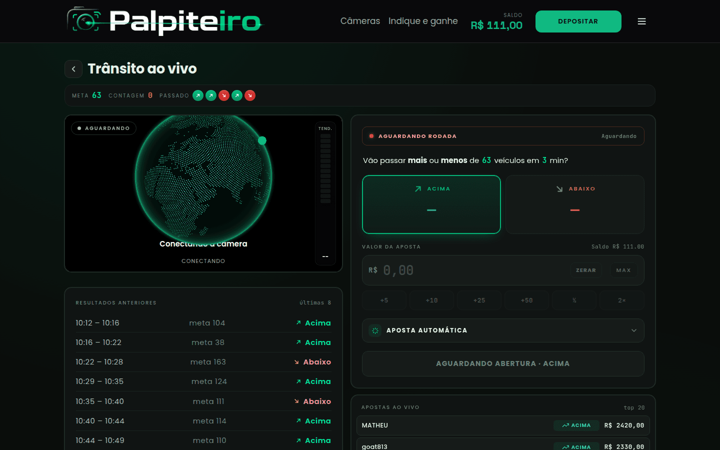 Palpiteiro - tela de sala ao vivo
